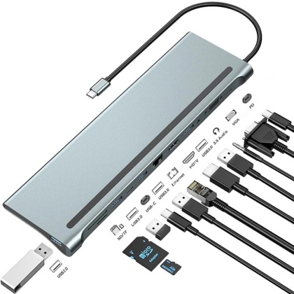 HUB chuyển đổi 12in1 chia Type c ra HDMI 4K, VGA, USB 3.0, LAN, Audio 3.5mm,SD, TF, PD vỏ nhôm cao cấp